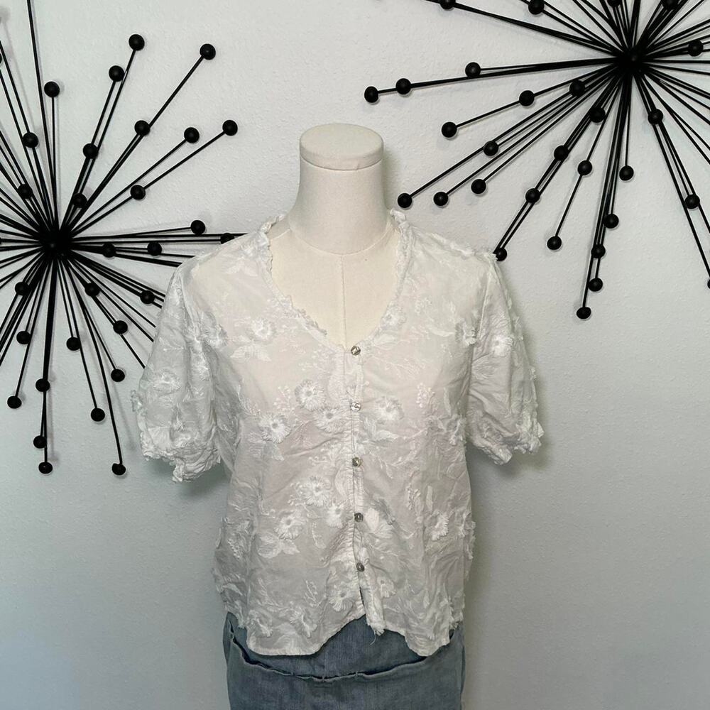 Nanette Lepore white floral embroidered blouse cottagecore sheer top